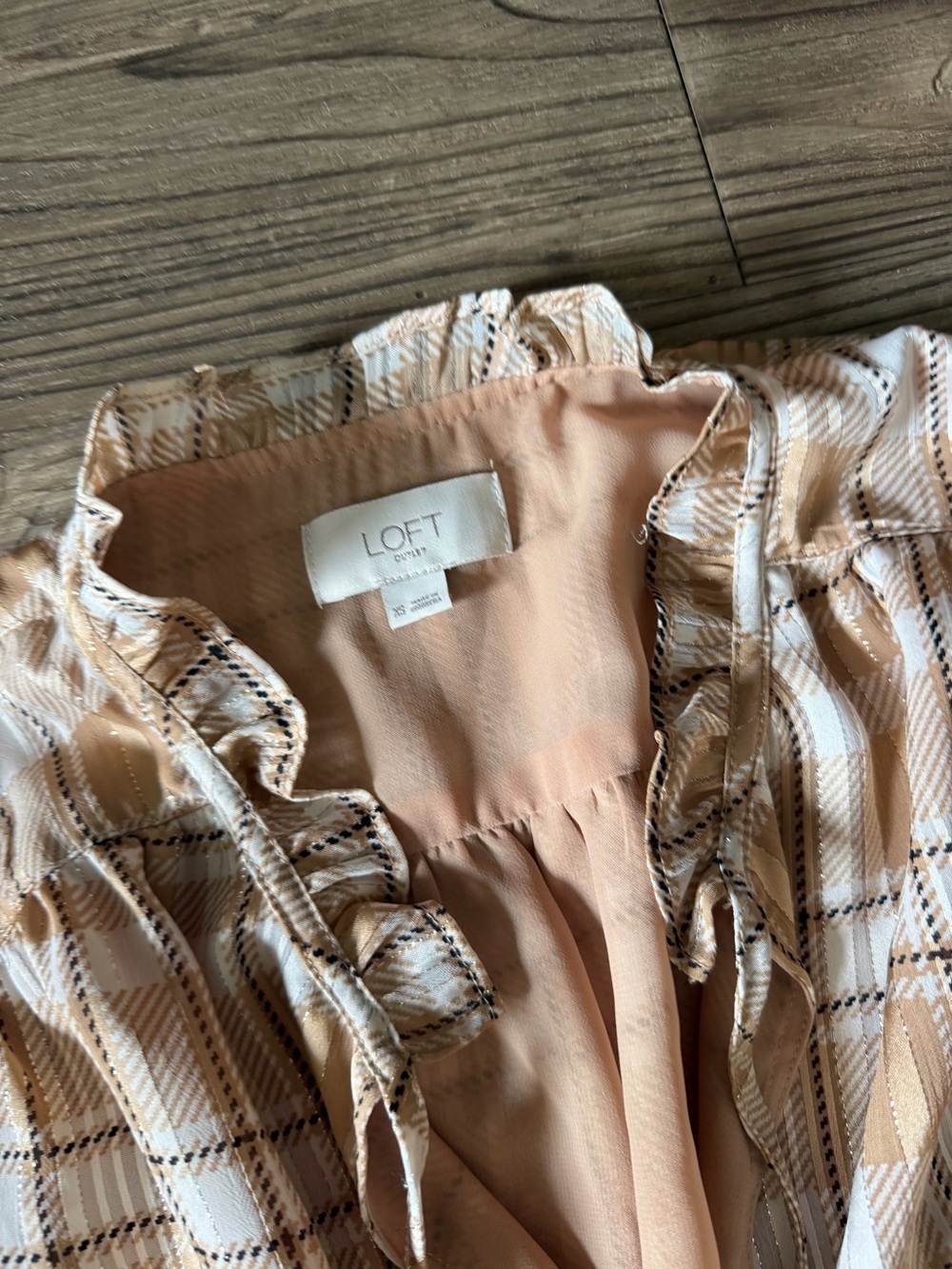 LOFT Beige and White Plaid Ruffle-Neck Button Down Blouse